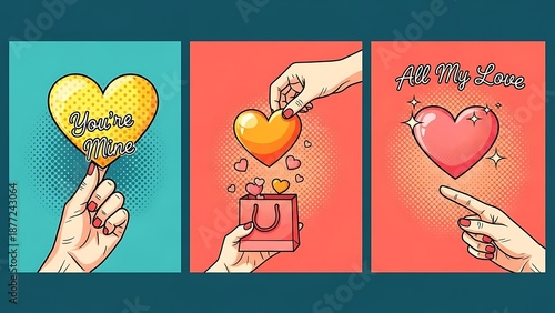 Pop art style collection of three panels depicting various expressions of love and affection through hearts