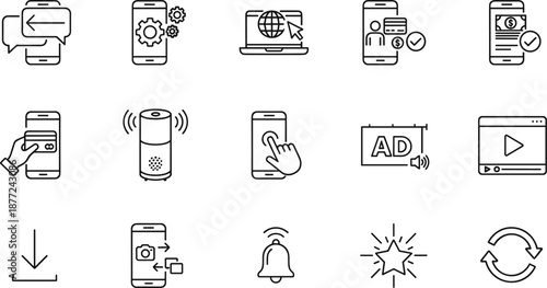 Digital marketing and technology line icons set featuring mobile app settings, online advertising, video streaming and smart device symbols.