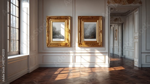 Two vertical 4x5 wall art frames mockup close together in classic gallery with white walls, warm sunlight, elegant museum lighting, neutral background, hyper-realistic interior