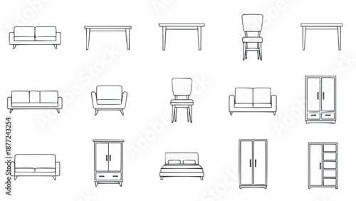 Collection of simple line drawings of furniture items.