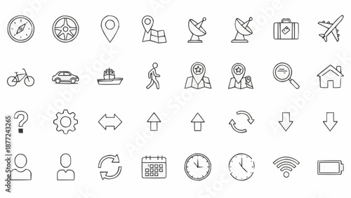 Collection of simple outline icons for travel and communication.