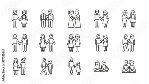 Collection of simple line art icons representing couples and families.