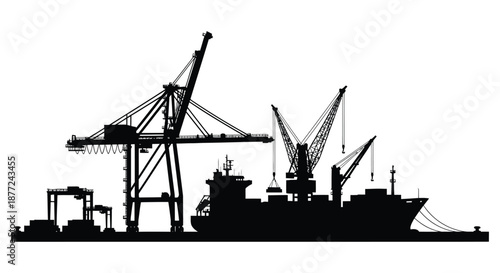 Industrial port scene with cranes and a cargo ship rendered as a striking silhouette