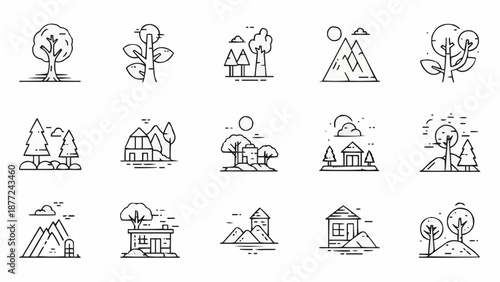 Collection of simple line art icons representing nature and rural scenes.