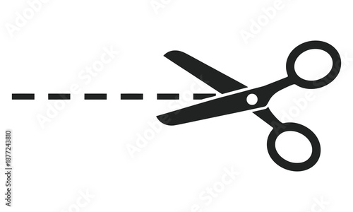 Scissors cutting through a dashed line on white background