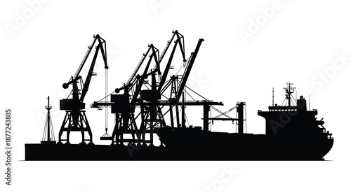 A striking black silhouette of a cargo ship alongside industrial cranes at a port silhouette