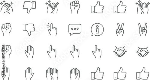 Large collection of hand gesture line icons including thumbs up, clapping, handshakes, fist bumps, pointing fingers and communication.