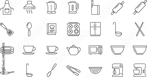 Large collection of kitchen and cooking line icons featuring appliances like microwave, kettle, stove, and various culinary tools.