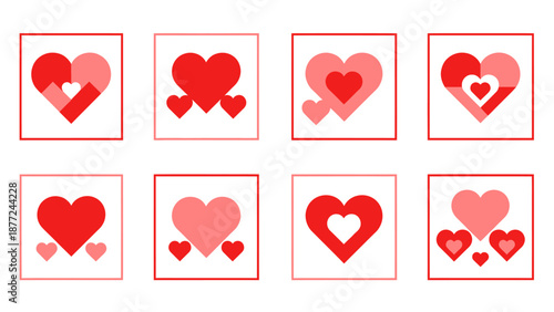 Set of Eight Broken Red Hearts in Polaroid Frames on Black Background for Valentine's Day
