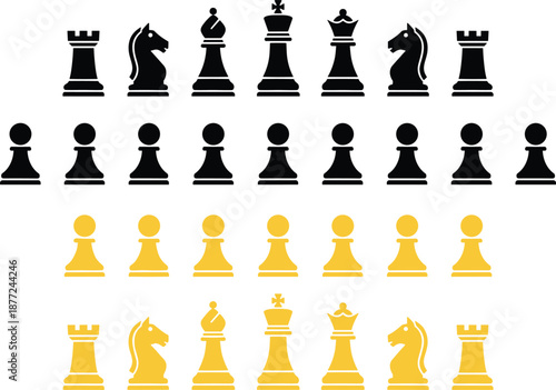 Complete collection of black and yellow chess pieces including king, queen, bishop, knight, rook and pawns for strategy.