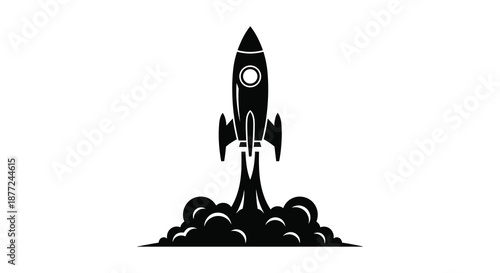 A striking black rocket launching with fiery exhaust trails a bold and dynamic silhouette