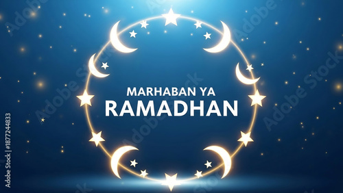 Ramadan Greeting with Crescent Moon and Stars.