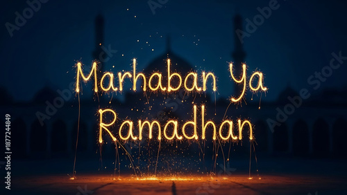 Ramadan Greeting Marhaban Ya Ramadhan Mosque Night.