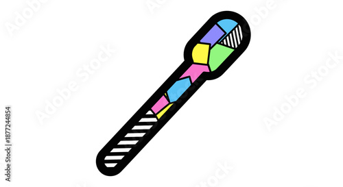 Colorful geometric sugar stir stick isolated on white background, featuring vibrant patterns and bold lines, creating a playful and modern design
