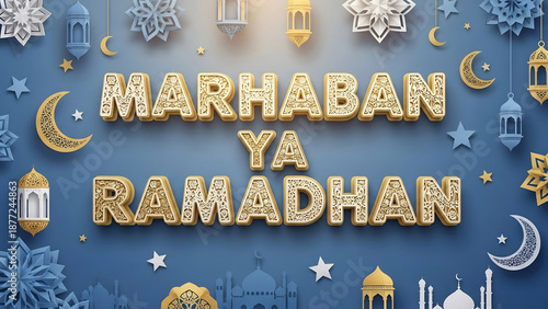 Ramadan Greeting Card with Arabic Calligraphy and Islamic Symbols.