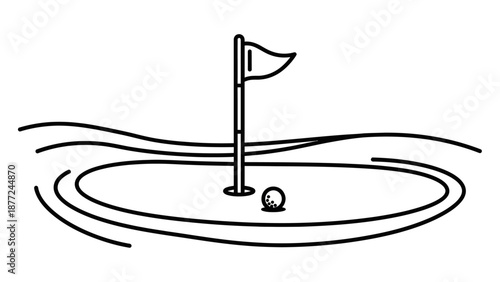 A simple line drawing of a golf hole with a flag and a ball on a green surrounded by water.