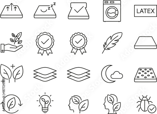 Comprehensive set of twenty linear icons for mattress features including organic materials, breathability, durability, and washing instructions.