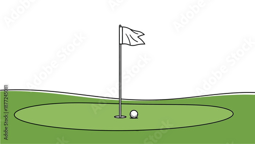 A golf ball sits on a green putting surface next to the flagstick and hole, ready to be putted.