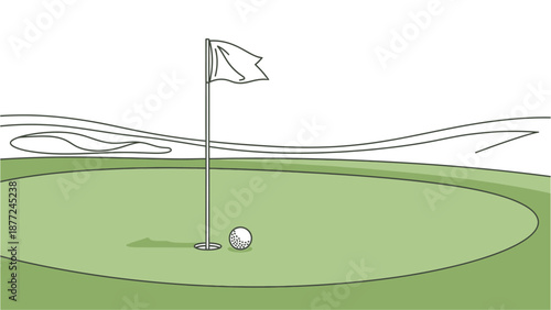 A golf ball sits next to the hole on a green putting surface with a flagstick, depicted in a simple line art style.