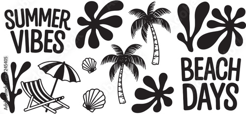 Black and White Hand Drawn Summer Beach Vector Illustration Set