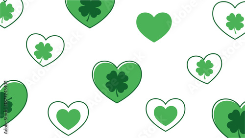 A pattern of green hearts and shamrocks on a white background, symbolizing luck and love for St. Patrick's Day.