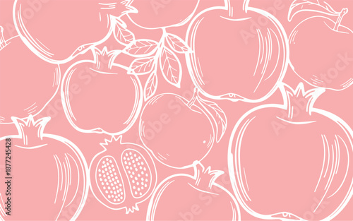 Seamless Pomegranate Fruit Outline Vector Pattern Background