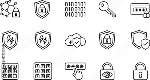 Cybersecurity and data protection icon set featuring shields, padlocks, keys, binary code, cloud safety, and digital password symbols.