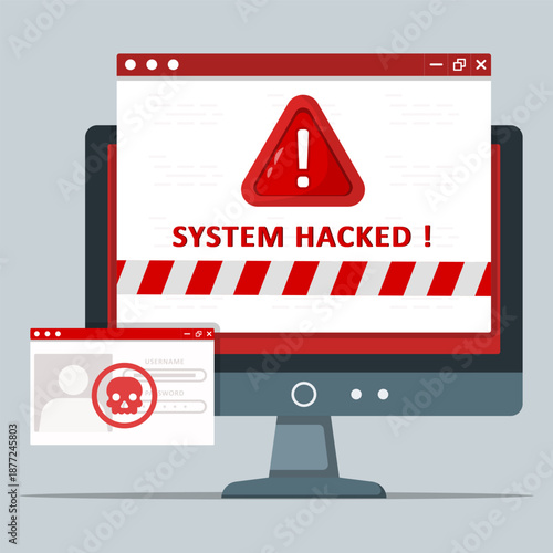 Computer screen displaying red alert of system hacked with caution tape, danger sign, and compromised login window showing skull icon for cybersecurity breach.