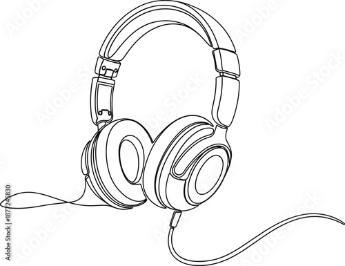 Detailed one-line illustration of wired headphones showcasing modern audio equipment design in a clean minimalist continuous line style