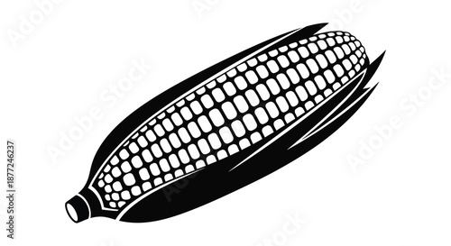 A striking black and white depiction of a corn cob with husk presented as a silhouette