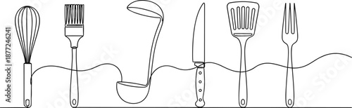 One line kitchen utensils illustrations, continuous line cooking tools clipart, minimalist kitchen decor knife whisk ladle art