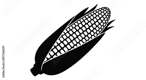Detailed illustration of a corn cob with husk showcasing a striking black silhouette