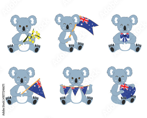 Cute Koala Mascot Set with Australian Flag Symbols and Golden Wattle