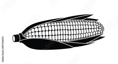 A striking black and white illustration of a corn cob with husk a bold silhouette