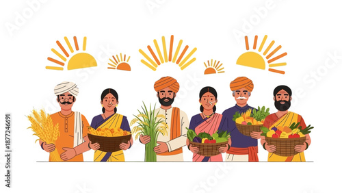 Illustration of diverse Indian characters celebrating Republic Day with a flag and harvest elements on a white background with warm tones.