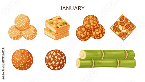 Vector illustration of traditional Indian sweets and bamboo shoots celebrating Republic Day in January with a festive character design.