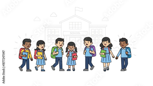 A vector illustration of diverse school children in uniform celebrating Republic Day India while walking with backpacks and books in front of a school building with a flag waving.
