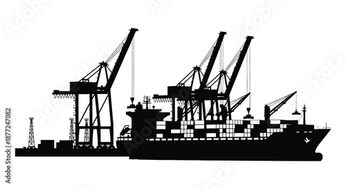 A striking depiction of industrial port infrastructure with a large cargo ship a bold silhouette