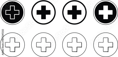 Set of black and white medical plus cross icons in circular frames for healthcare hospital pharmacy and first aid.