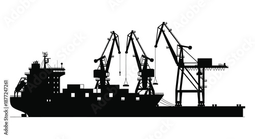 A striking black silhouette of a large cargo ship docked alongside industrial cranes silhouette