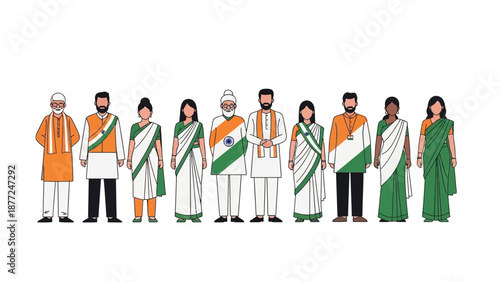 Illustration of diverse characters in traditional Indian attire celebrating Republic Day with the Indian flag, in a colorful vector graphic.