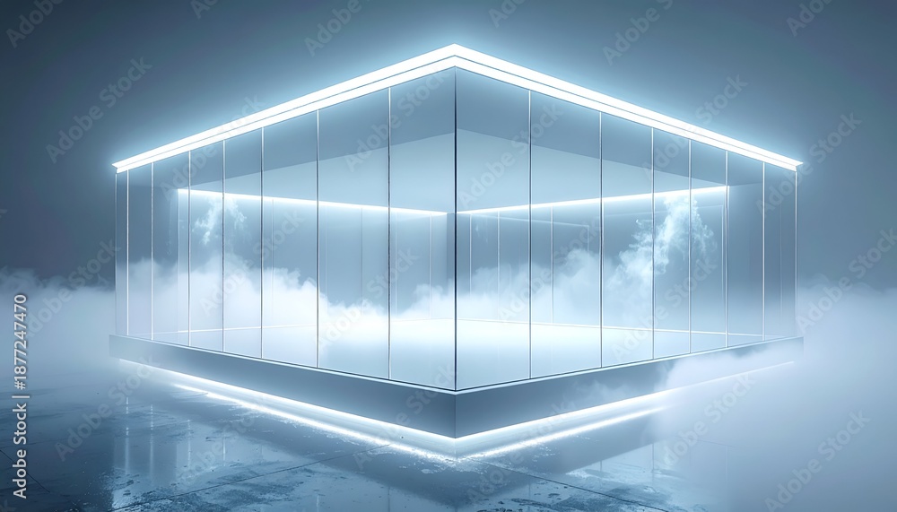 Fototapeta premium Boxy glass structure emitting neon light, filled with ethereal mist