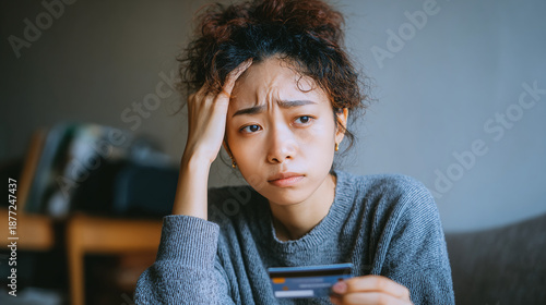 A worried woman holds a credit card, expressing financial stress. Her expression reflects concerns about debt and money. 