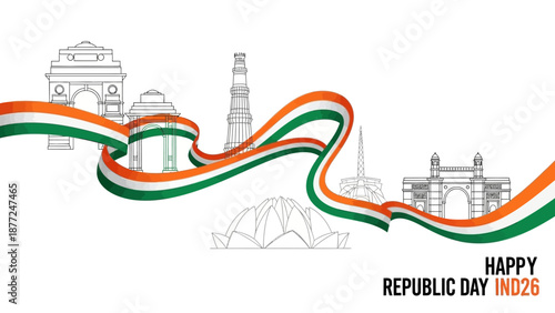 Illustration of a character celebrating Republic Day in India with a vector flag design and iconic landmarks in the background.