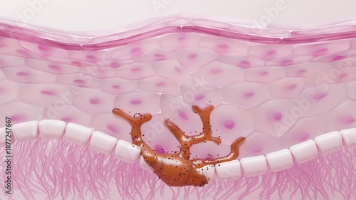 UV rays penetrating skin for melanin synthesis and melasma 3D animation