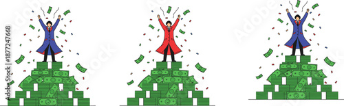 Successful business people standing on piles of money vector set celebrating wealth, profit, and financial achievement illustration