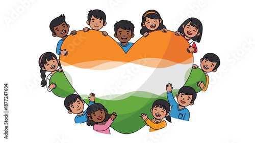 Illustration of diverse children celebrating Republic Day India with a large flag character in a colorful and joyful vector graphic.