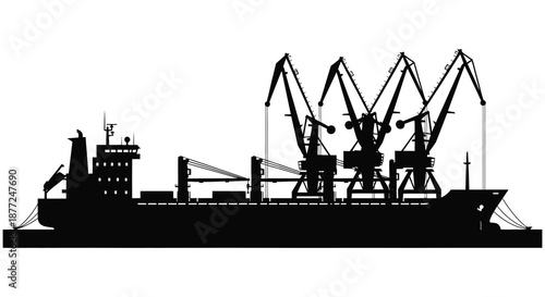A striking black silhouette of a large cargo ship with cranes at a harbor silhouette