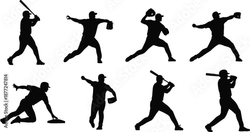 Baseball player silhouettes set action poses batting pitching catching running sports vector illustration isolated on white background professional athlete shadow collection