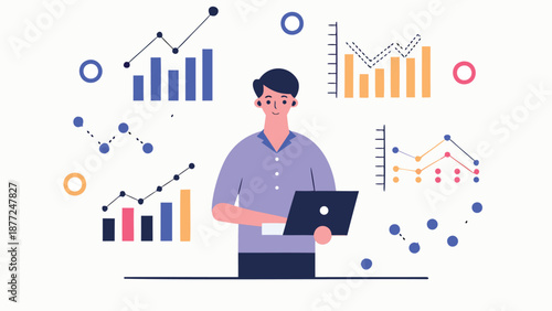 Businessman analyzing data on laptop with colorful graphs around him